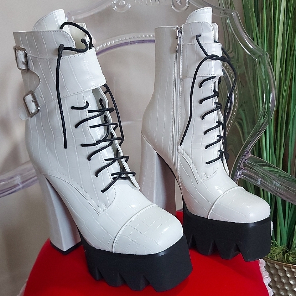 White and Black Heeled Platform Boots with Laces